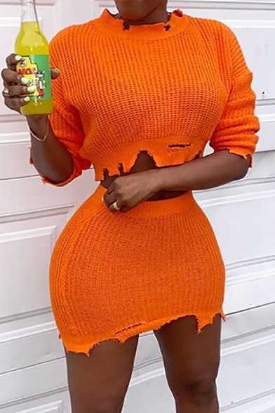 Unique Ripped Destroyed Long Sleeve Crop Sweater & Mini Knitted Skirt Orange Plain Co-ords