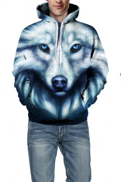 Unisex Stylish Wolf Face 3D Printed Long Sleeve Blue Drawstring Hoodie