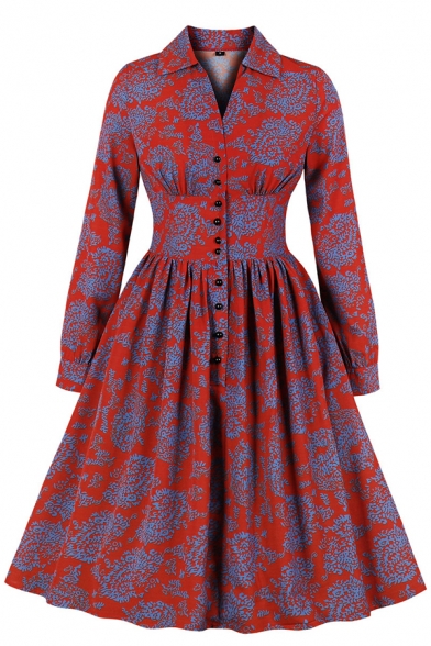 Vintage Red Long Sleeve Lapel Neck Button Down Floral Pattern Midi Pleated Flared Dress for Women
