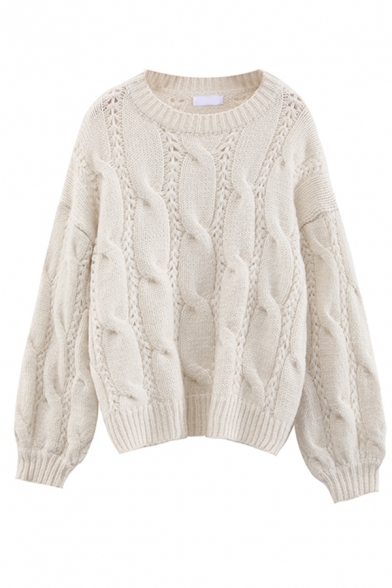 Warm White Balloon Sleeve Crew Neck Cable Knit Relaxed Fit Pullover Fisherman Sweater for Girls