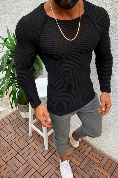 OTW Mens Long Sleeve Geometric Print Knitted Slim Round Neck Pure Color Pullover Sweater 