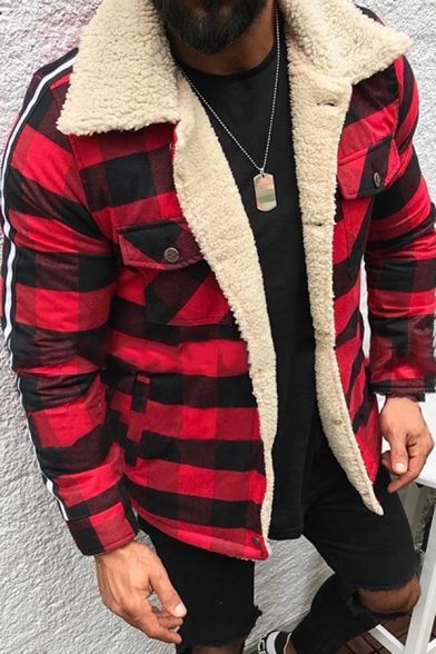 Winter Leisure Plaid Printed Long Sleeve Button Front Sherpa Lined Jacket Coat