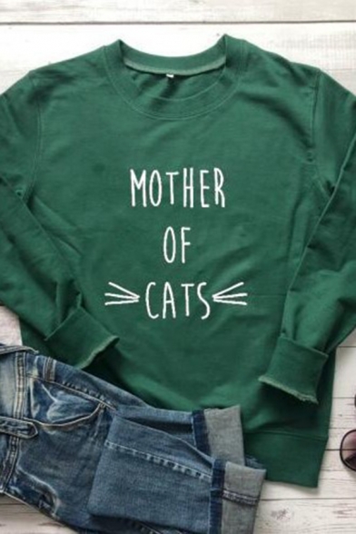 Womens Chic Letter MOTHER OF CATS Printed Long Sleeve Pullover Sweatshirt