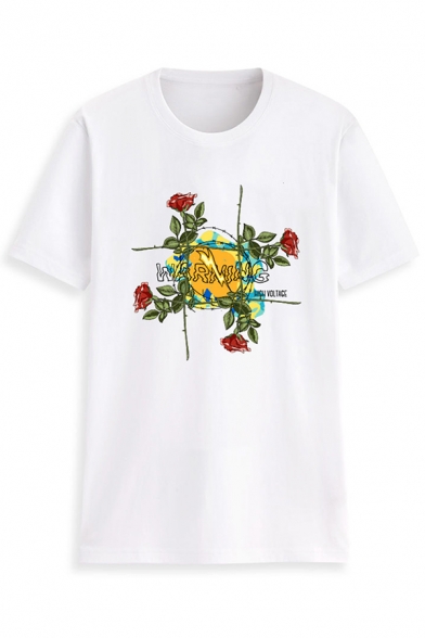 Womens Stylish Rose Letter Printed Short Sleeves Crewneck Summer T-Shirt
