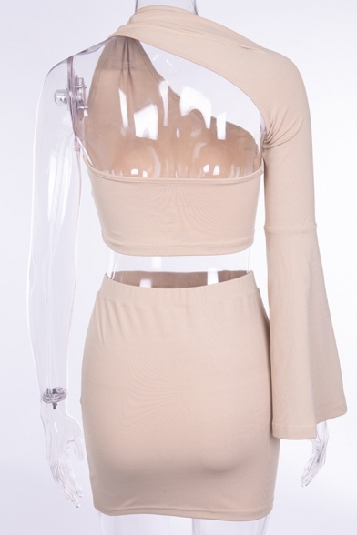 Apricot Pretty Solid Color Cutout Bell Sleeve Cropped Top with Mini Skirt Two Piece Set
