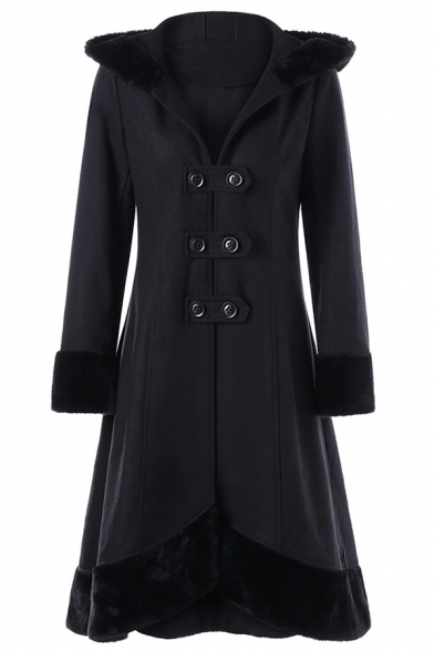 Basic Female Long Sleeve Hooded Double Breasted Lace Up Back Fluffy Trim Pleated Midi Swing Wool Coat in Black