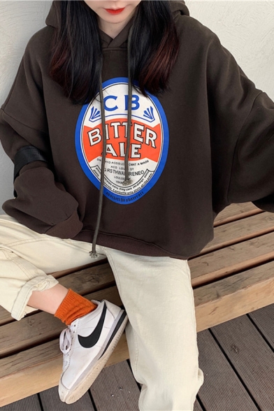 BITTER ALE Letter Printed Long Sleeve Crewneck Thick Drawstring Hoodie