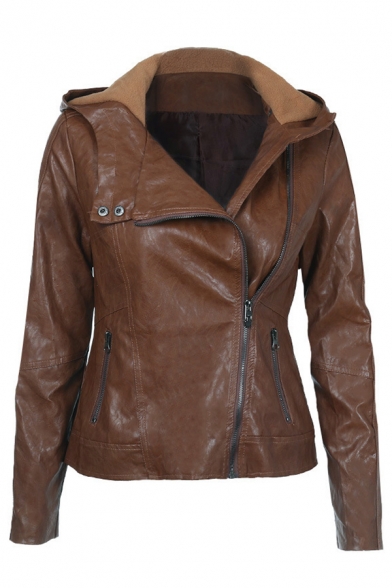 Brown Street Long Sleeve Hooded Zipper Front Pockets Side Slim Fit Leather Jacket for Girls