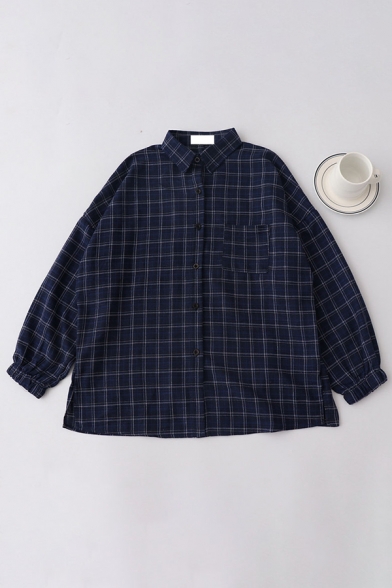 Casual Cute Girls' Balloon Sleeve Lapel Neck Plaid Pattern Button Front Loose Fit Shirt