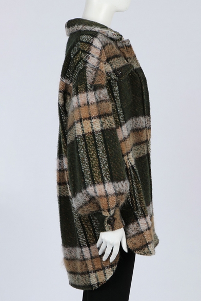 Casual Fashion Ladies' Balloon Sleeve Lapel Collar Button Down Flap Pockets Plaid Pattern Oversize Wool Coat in Green