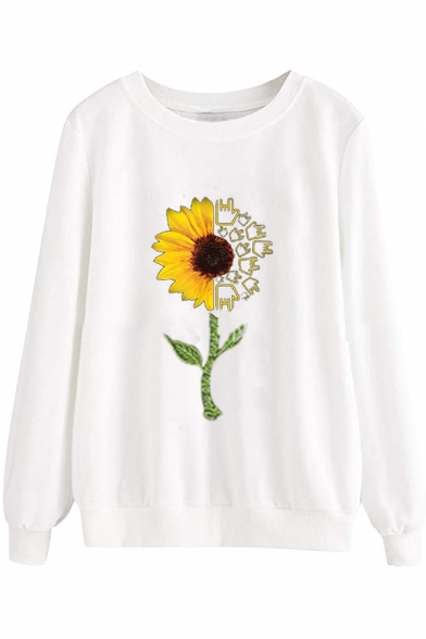 Casual Fashion Women's Long Sleeve Crew Neck Sunflower Patterned Baggy Pullover Sweatshirt