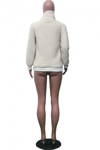 Casual Fashion Women's Long Sleeve Stand Collar Zipper Pockets Side Sherpa Fleece Relaxed Pullover Sweatshirt in White