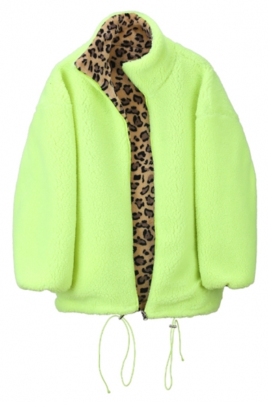Chic Fashion Female Balloon Sleeve Stand Collar Zip Front Leopard Drawstring Sherpa Reversible Baggy Coat in Green