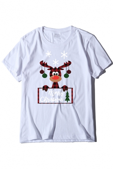 Chic Popular Girls' Short Sleeve Crew Neck Letter MERRY CHRISTMAS Reindeer Printed Relaxed Christmas Tee