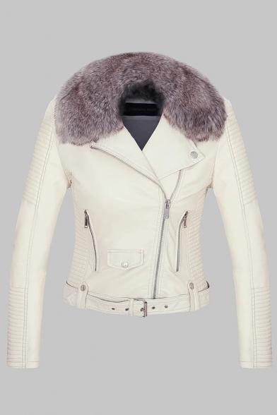 Chic Women's Long Sleeve Fuzzy Collar Zipper Decoration Belted Fitted Plain Leather Jacket