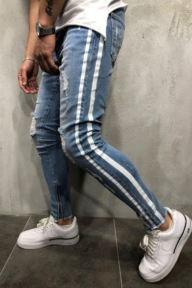 Classic Side Stripe Zipper Fly Washed Denim Skinny Fit Destroyed Jeans