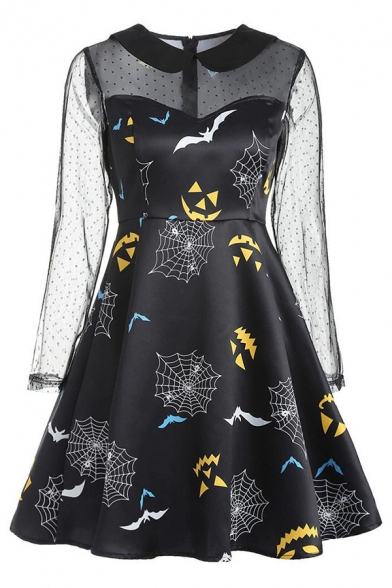 Cool Girls' Long Sleeve Peter Pan Collar Zipper Back All Over Halloween Pattern Polka Dot Sheer Mesh Patched Midi Pleated Flared Dress in Black