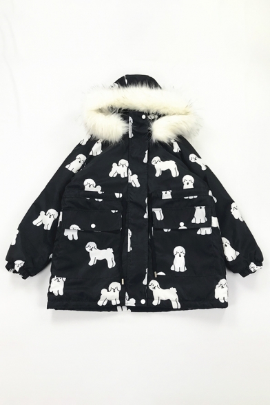 Cool Street Girls' Balloon Sleeve Hooded Zipper Front Puppy Printed Flap Pockets Fluffy Thick Oversize Parka Coat in Black