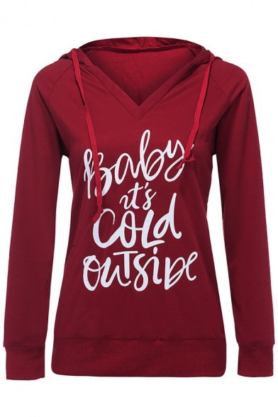 Creative Letter BABY IT'S COLD OUTSIDE Print Long Sleeve Red Drawstring Hoodie