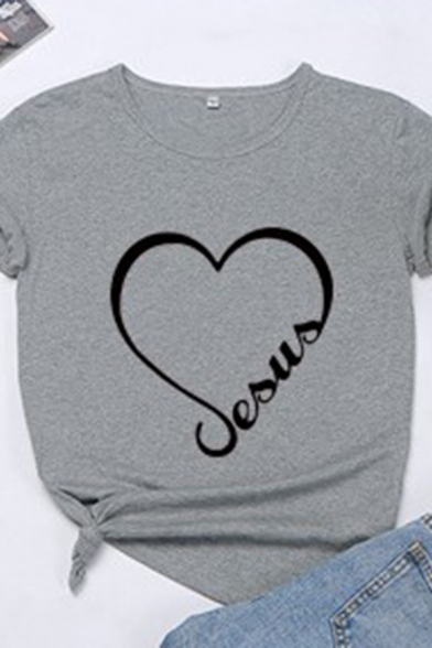 Creative Letter Heart Pattern Short Sleeves Crew Neck Streetwear Cotton T-Shirt
