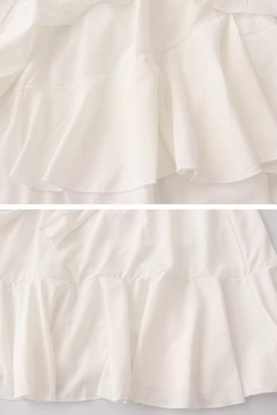 Cute Fancy Girls' Elastic Waist Ruffled Trim Asymmetric Plain Mid Pleated A-Line Skirt