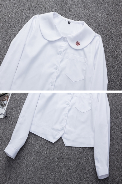 Cute Girls' Long Sleeve Peter Pan Collar Button Down Floral Embroidered Slit Front Loose Fit Crop Shirt in White