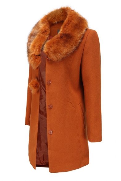 Elegant Ladies Long Sleeve Fuzzy Collar Button Down Pompom Decoration Fitted Plain Wool Coat
