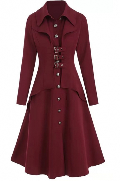 Elegant Ladies' Long Sleeve Lapel Neck Button Down Buckle Detail Tiered Pleated Long Dress Trench Coat in Red