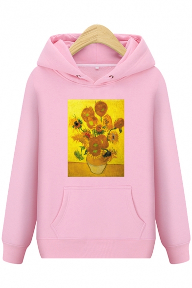 Famous Oil Painting Sunflower Print Long Sleeve Pouch Pocket Unisex Pullover Hoodie