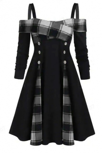 Fancy Trendy Girls' Long Sleeve Cold Shoulder Plaid Print Patched Button Front Crisscross Midi Pleated Flared A-Line Dress