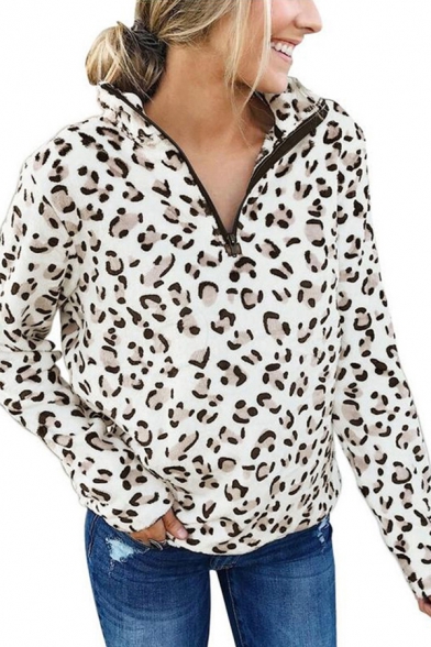 Fashion Street Women Long Sleeve Stand Collar Half Zip Leopard Printed Loose Pullover Sweatshirt in White