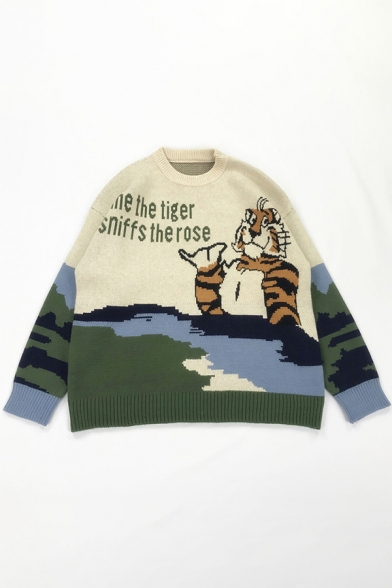 Funny Cartoon Tiger Letter Printed Long Sleeve Round Neck Cozy Knitted Sweater