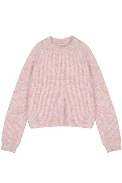 Girls Popular Simple Pink Long Sleeve Crewneck Boucle Knit Pullover Sweater
