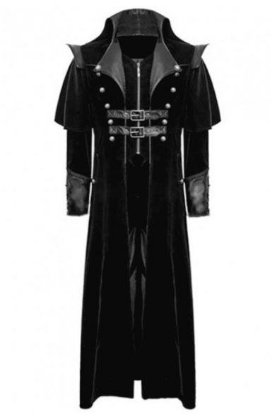 Halloween Costume Plain Lace-Up Detail PU Buckle Panel Zipper Front Gothic Longline Trench Coat