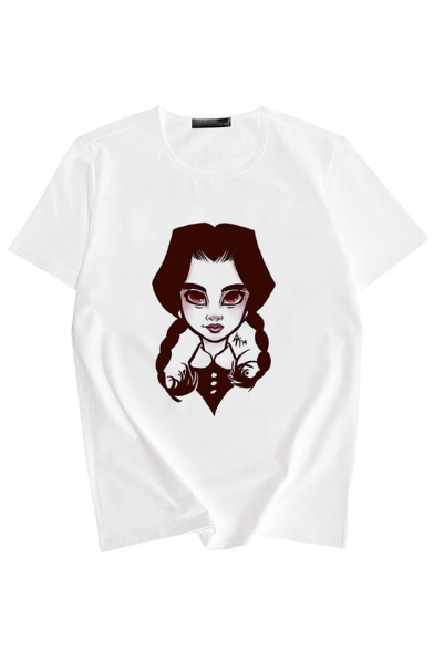 Harajuku Simple Cartoon Printed Short Sleeve Crew Neck White T-Shirt for Girls