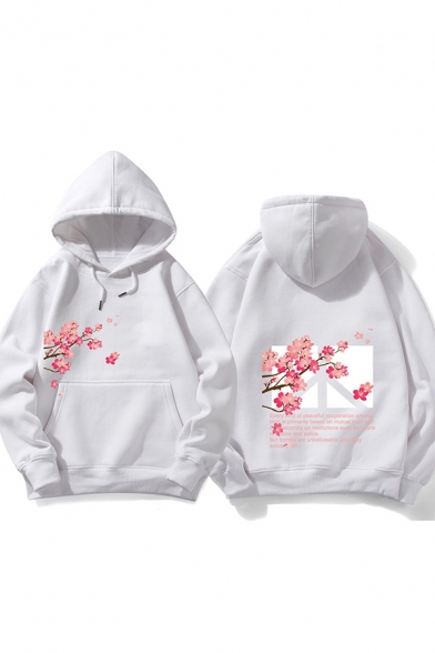 Hip Hop Unisex Floral Letter Printed Long Sleeves Pouch Pocket Oversized Pullover Hoodie