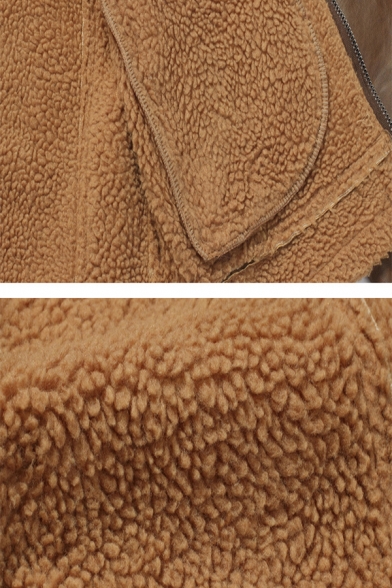 Hot Popular Buckle Patch High Collar Long Sleeve Zipper Closure Warm Brown PU Jacket