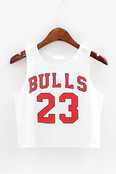 Cute Cartoon Face Letter BULLS Printed Round Neck Sleeveless Cropped Tank
