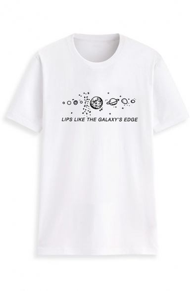 LIPS LIKE THE GALAXY'S EDGE Letter Printed Round Neck Slim Fit Leisure Graphic T-Shirt