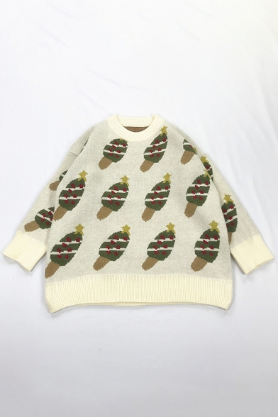 Lovely Christmas Tree Ice Pop Printed Long Sleeve Relaxed Fit Boucle Knit Sweater