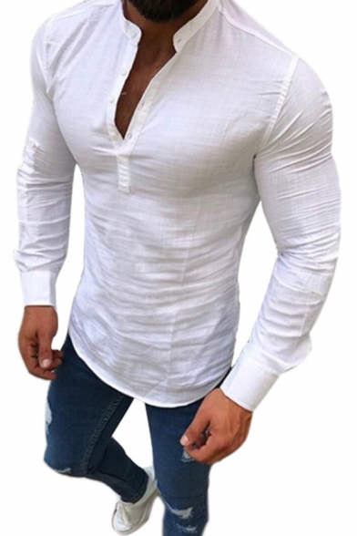 Mens Simple Plain Long Sleeves Button Front Slim Fit Linen Shirt Top