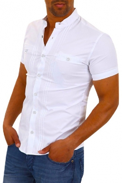 Mens Summer Stylish Plain Short Sleeve Button Front Pleated Detail Fitted Shirt