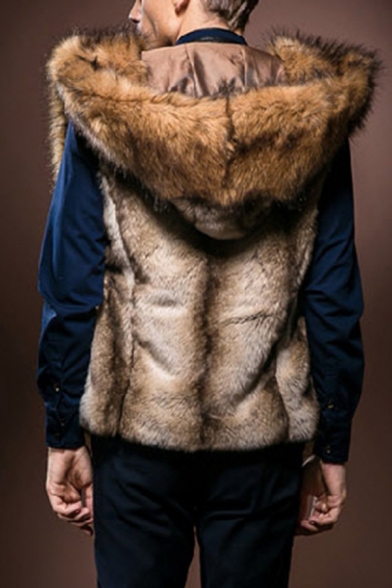 New Stylish Brown Sleeveless Side Pocket Hooded Vest Soft Faux Fur Coat for Men