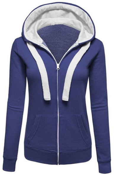 New Stylish Long Sleeve Zip Up Slim Fit Drawstring Hoodie for Women