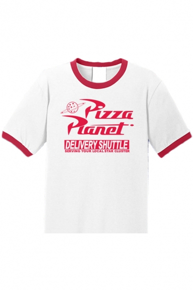 PIZZA Letter Printed Contrast Trim Short Sleeves Round Neck White Summer T-Shirt