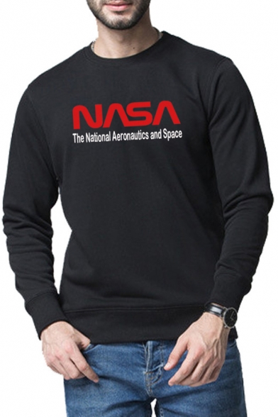 Popular Letter NASA Printed Long Sleeves Crew Neck Black Casual Sweatshirt