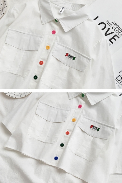 Preppy Girls' Short Sleeve Lapel Neck Button Down Flap Pockets Relaxed Crop Shirt