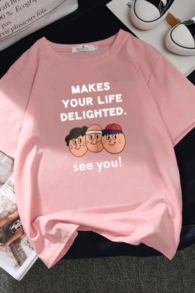 Preppy Looks Short Sleeve Crew Neck Letter MAKES YOUR LIFE DELIGHTED SEE YOU Cartoon Print Relaxed Tee for Girls