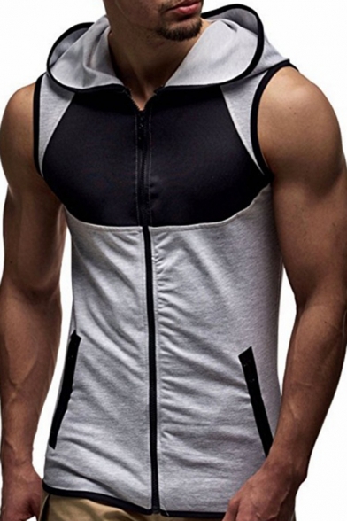 Sport Fashion Contrast Trim Zip Placket Slim Fit Hooded Vest Hoodie for Men