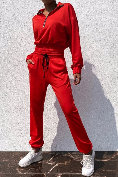 Sport Fashion Plain Long Sleeve Half Zip Sweatshirt with Loose Sweatpants Two-Piece Set
